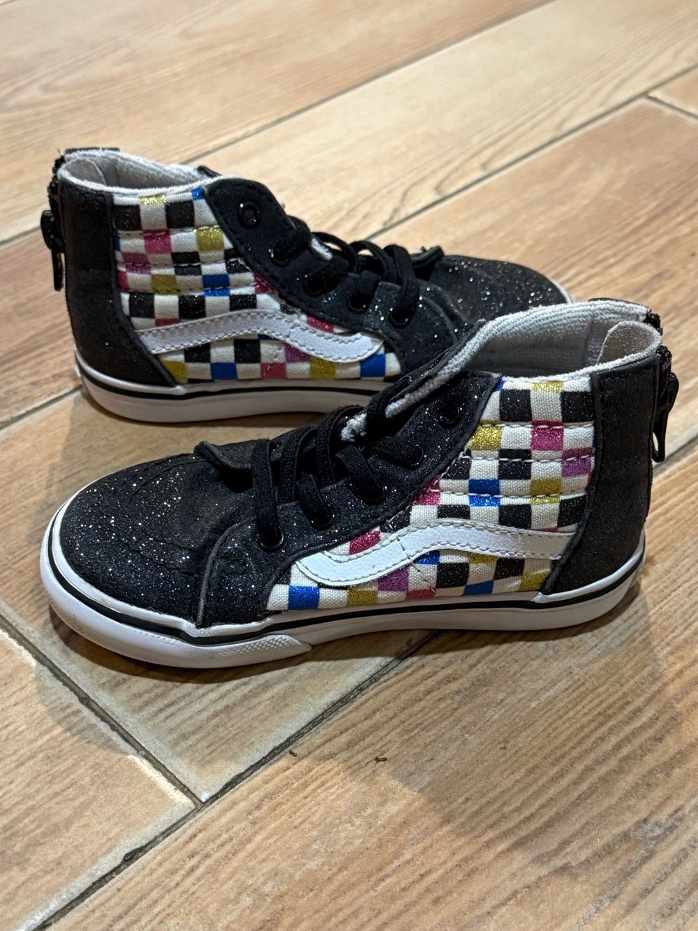 Vans Kids Black Sparkle High-Top Sneakers with Multicolor Check Panels